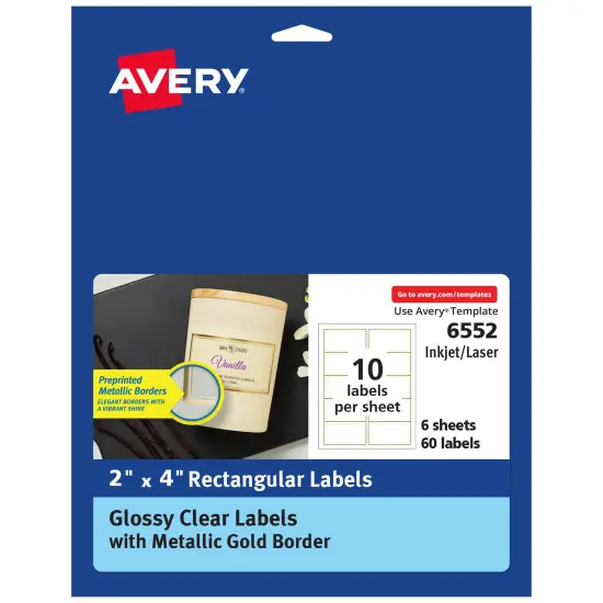 Avery Printable Glossy Clear Labels, 2" x 4" Rectangle Labels, Clear with Metallic Gold Border, Permanent Adhesive, Laser & Inkjet Compatible, 60 Blank Labels (6552) {1}