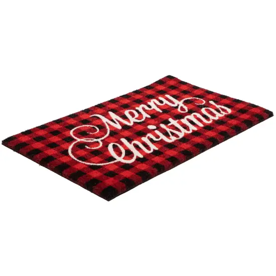 Northlight Red and Black Plaid "Merry Christmas" Natural Coir Christmas Outdoor Doormat 18" x 30" {6}