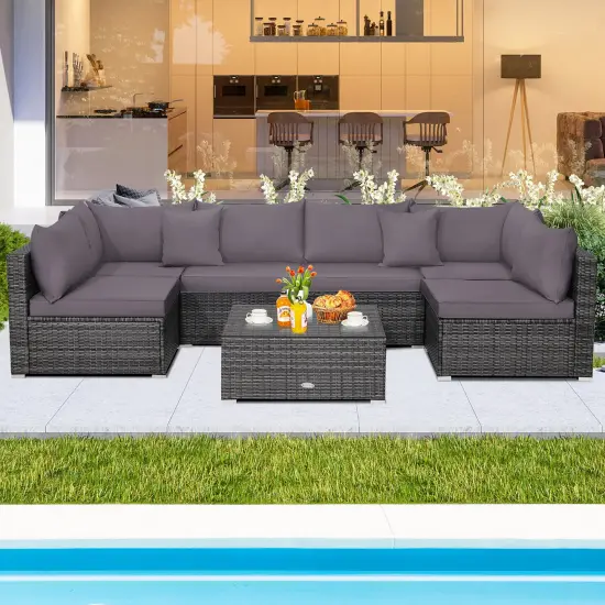 Costway 7PCS Patio Rattan Furniture Set Sectional Sofa Cushioned Garden Gray {1}
