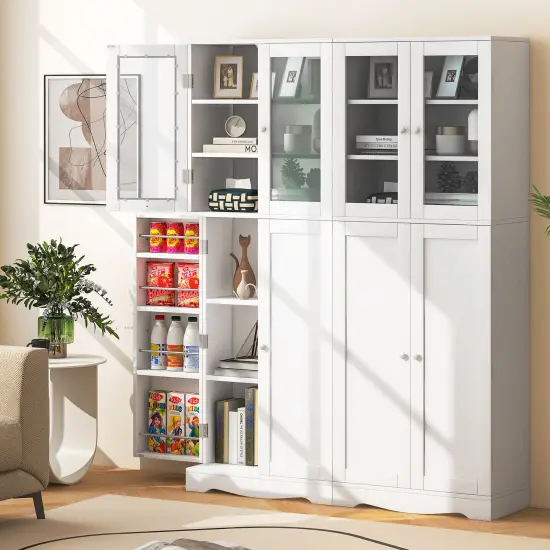 Tall Kitchen Pantry Cabinet with Dual Tempered Glass Doors and Shelves White {2}