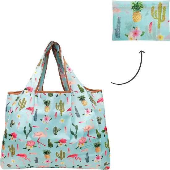 Wrapables Large Foldable Tote Nylon Reusable Grocery Bag, 3 Pack Flamingoes, Dogs {5}