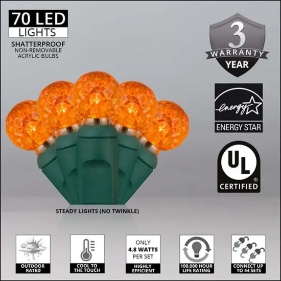 70 Amber/Orange G12 LED String Lights, Green Wire, 4" Spacing {3}