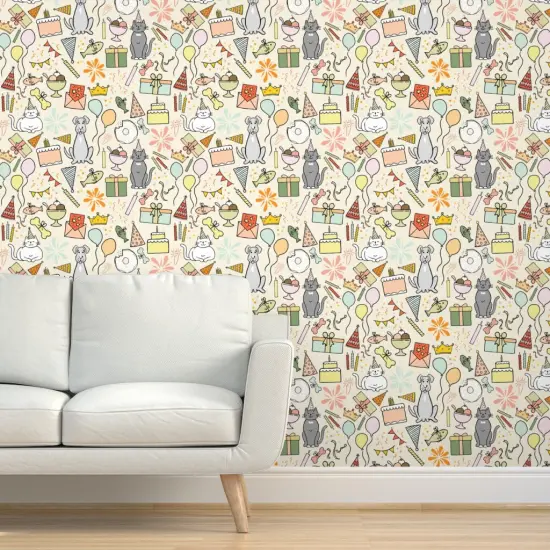 Peel & Stick Wallpaper 2FT Wide Dog Cat Multicolor Presents Whimsical Celebration Playful Balloons Pastels Candles Birthday Cake Bright Summer Colors Gift Large Scale Custom Removable Wallpaper by Spoonflower {5}