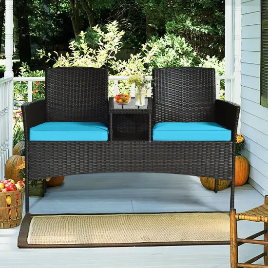 Modern Patio Conversation Set with Built-in Coffee Table and Cushions Turquoise {6}