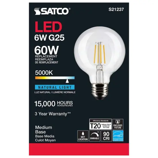 6Pk - Satco 6w G25 Globe Filament LED 5000K Medium Base Dimmable - 60w equiv Natural Light {5}