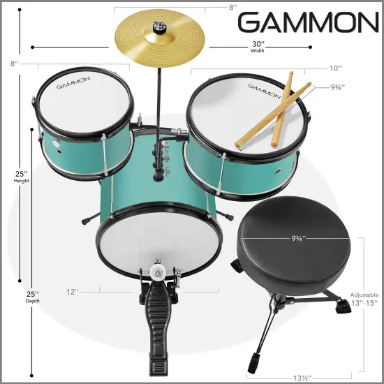 Gammon 3-Piece Junior Drum Set with Throne, Complete Beginner Kit with Bass Drum, Toms, Cymbal, Pedal, and Drumsticks {3}