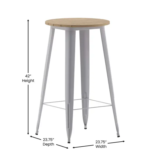 Merrick Lane Dryden Indoor/Outdoor Bar Top Table, 23.75" Round All Weather Poly Resin Top with Steel base Brown/Silver {5}