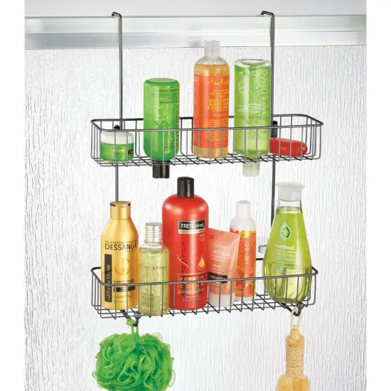 mDesign Wide Metal Over Door Hanging Shower Caddy, 2 Hooks and Baskets {2}