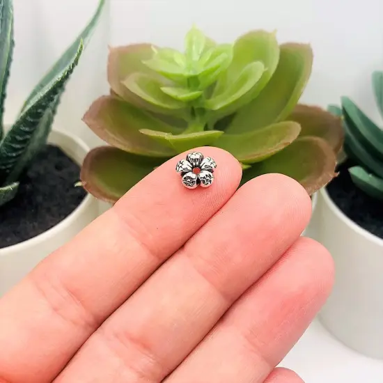 4, 20 or 50 Pieces: Round Silver Flower Spacer Charm Beads - Double Sided {3}