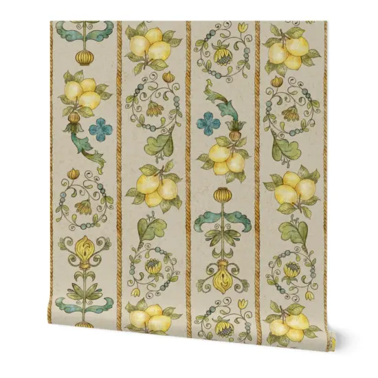 Peel & Stick Wallpaper 2FT Wide Yellow Teal Floral Gold Large Scale Hand Drawn Lemons Italian Florentine Botanical Fruit Directional Custom Removable Wallpaper by Spoonflower {7}