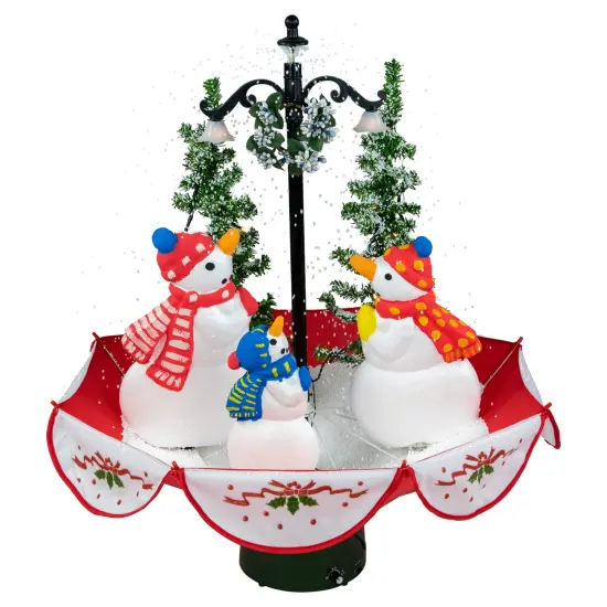 Northlight 30" Musical Lighted Snowing Snowman Family in Umbrella Base Christmas Decoration Red {1}