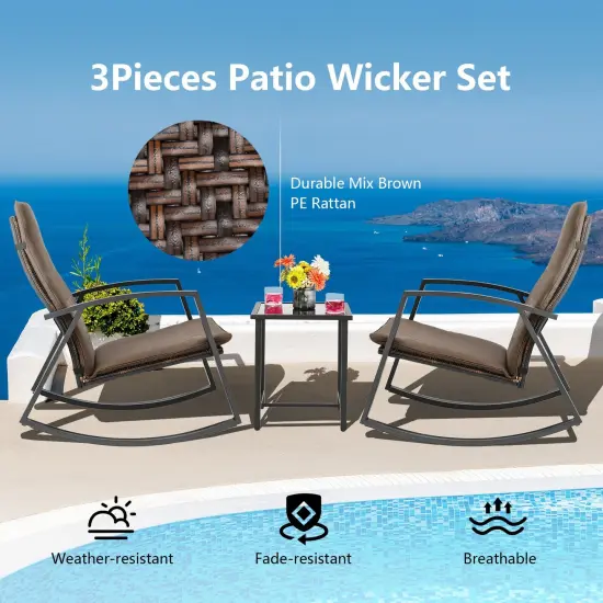 3 Pieces Patio Rattan Rocking Furniture Set Brown {3}