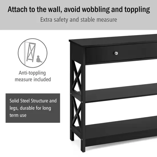 3-Tier Console Table with Drawers for Living Room Entryway Black {5}