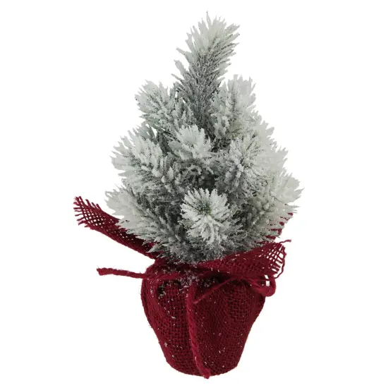 Northlight Flocked Mini Pine Christmas Tree in Burlap Base - 9" - Red and White - Unlit {1}