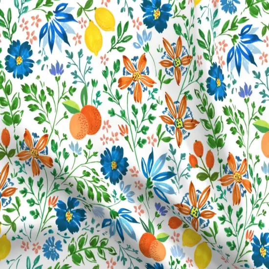 Various Fabrics by the Yard or Fat Quarter Botanical White Green Blue Lemons Oranges Custom Printed Fabric by Spoonflower {5}