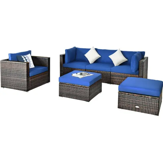 6 Pcs Patio Rattan Furniture Set with Sectional Cushion Blue {3}