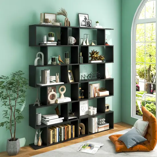 6 Tier S-Shaped Bookshelf Storage Display Bookcase Decor Z-Shelf Black {2}