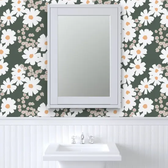 Pre-Pasted Wallpaper 2FT Wide Summer Daisies Boho Daisy Flowers Green Modern Blossom Custom Pre-pasted Wallpaper by Spoonflower {6}