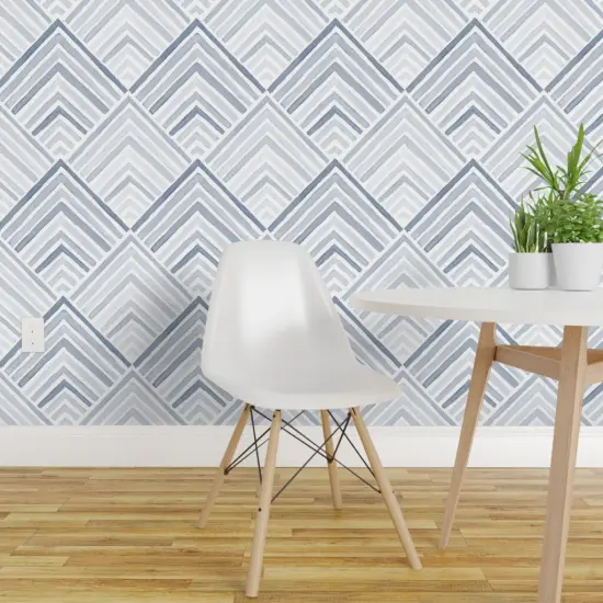 Pre-Pasted Wallpaper 2FT Wide Coastal Geometric Modern Blue Monochrome Lines Neutral Beach Sea Chevron Custom Pre-pasted Wallpaper by Spoonflower {1}