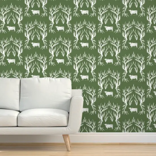 Peel & Stick Wallpaper 2FT Wide Damask Toile Cows Western Green White Rustic Custom Removable Wallpaper by Spoonflower {5}