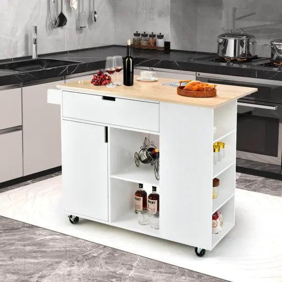 Drop-Leaf Kitchen Island with Rubber Wood Top White {1}