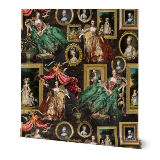 Peel & Stick Wallpaper 2FT Wide Green French Toile Rococo Queen Baroque Frames Museum History Large Scale Portraiture Neoclassical Custom Removable Wallpaper by Spoonflower {7}