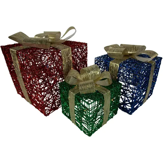 Northlight Set of 3 Lighted Red, Blue and Green Gift Boxes Christmas Decorations 9.75" {1}