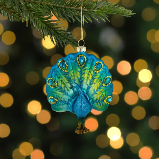 Northlight Standing Glittered Peacock Glass Christmas Ornament - 4.5" - Blue and Green {3}