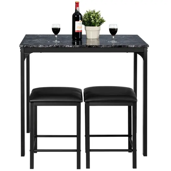 3 Piece Counter Height Dining Set Faux Marble Table Black {6}