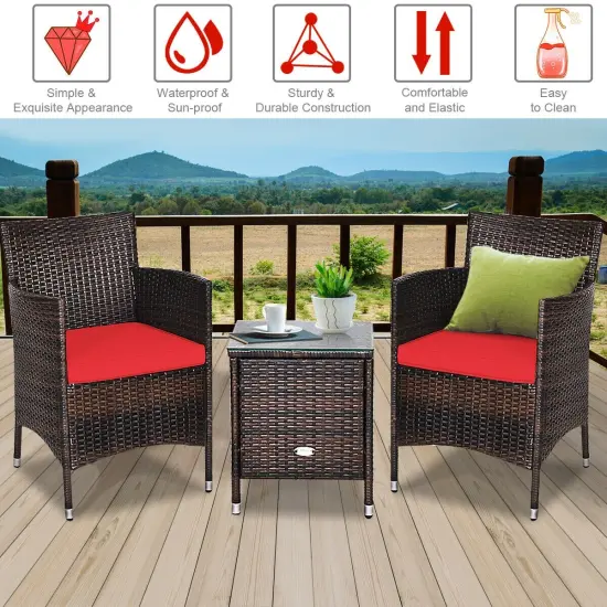 3 Pieces Patio Wicker Rattan Furniture Set with Steel Frame and Polyester Cushions Red {3}