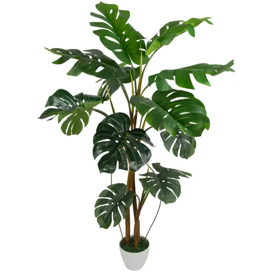 Northlight Real Touch&trade; Artificial Monstera Artificial Plant in a White Textured Pot - 4.25' Green {4}