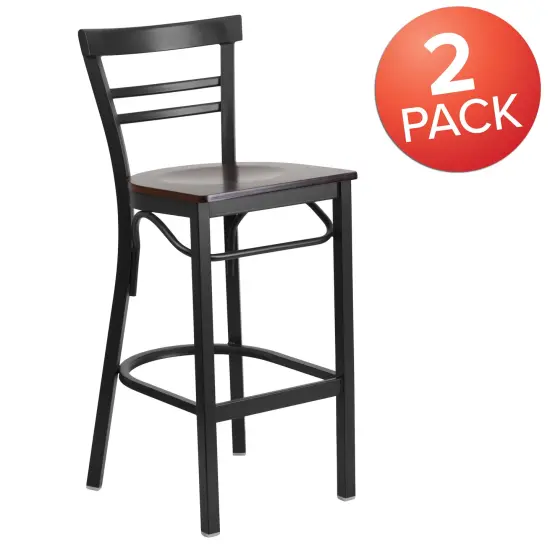 Emma and Oliver 2 Pack Two-Slat Ladder Back Metal Restaurant Barstool Walnut/BlackMetal {5}