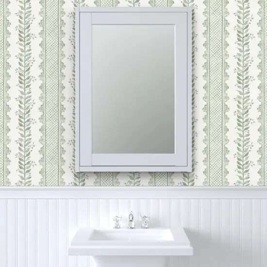 Peel & Stick Wallpaper 2FT Wide Sage Green Stripe Botanical Watercolor Garden Grandmillenial Custom Removable Wallpaper by Spoonflower {6}