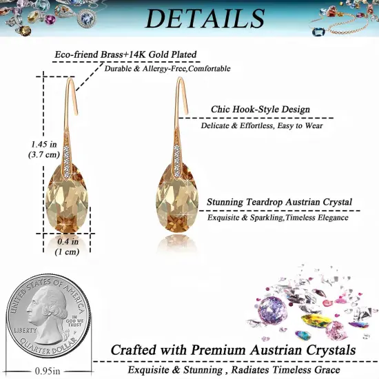 Crystal Teardrop Dangle Earrings for Women Drop Hook Earring 14K Rose Gold Plated Hypoallergenic Jewelry (Light Topaz) {1}