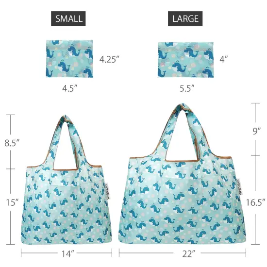 Wrapables Large & Small Foldable Tote Nylon Reusable Grocery Bags, Set of 2 Blue Whales {2}