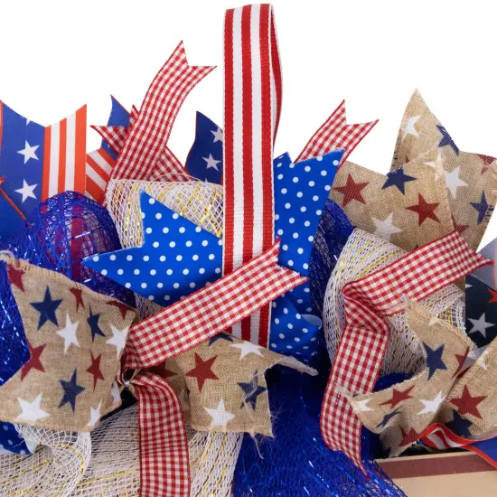 Northlight Stars and Stripes "America, God Shed His Grace on Thee" Patriotic Bow Wreath - 18" Blue {7}