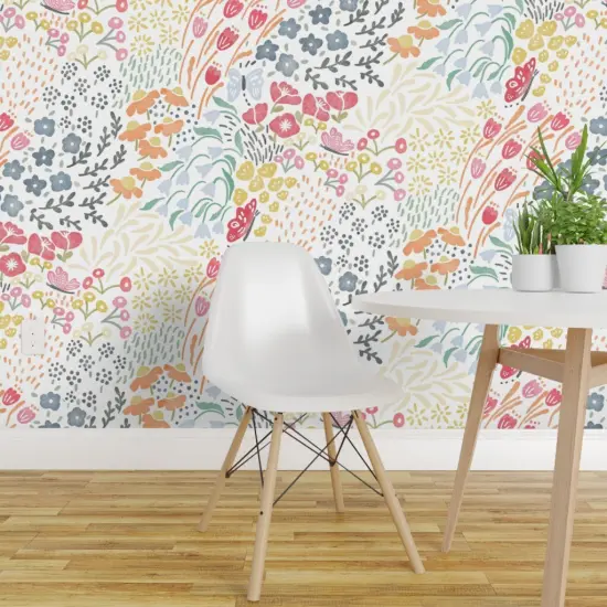 Pre-Pasted Wallpaper 2FT Wide Butterfly Garden Blooms Meadow Floral Sweet Dreams Botanical Whimsical Multicolor Pollinators Wildflowers Large Scale Custom Pre-pasted Wallpaper by Spoonflower {1}