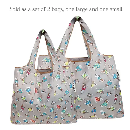 Wrapables Large & Small Foldable Tote Nylon Reusable Grocery Bags, Set of 2 Gray French Bulldogs {3}