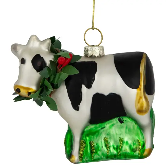 Northlight 3" Cow with Wreath Christmas Glass Hanging Ornament White {4}
