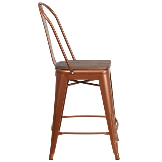 Merrick Lane Sarah 24" Metal Indoor-Outdoor Counter Stool with Vertical Slat Back, Integrated Footrest and Wood Seat Copper {4}