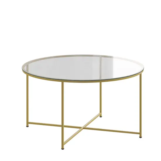 Merrick Lane Fairdale Coffee Table with Round Cross Brace Frame Clear/Brushed Gold {1}