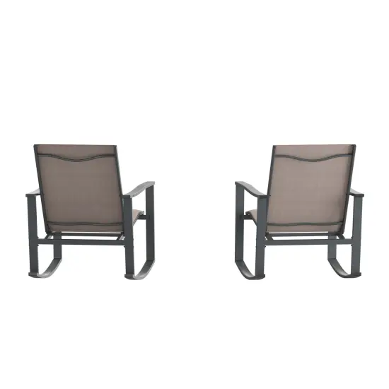 Merrick Lane Brevyn Set of 2 Flex Comfort Outdoor Rocking Chairs with Steel Frames Brown {4}