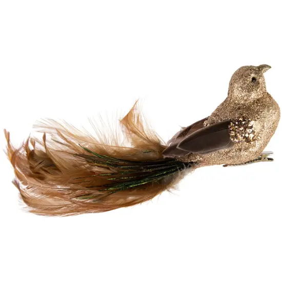 Northlight Glitter Bird with Feather Tail Clip On Christmas Ornament - 8" - Gold and Brown {6}