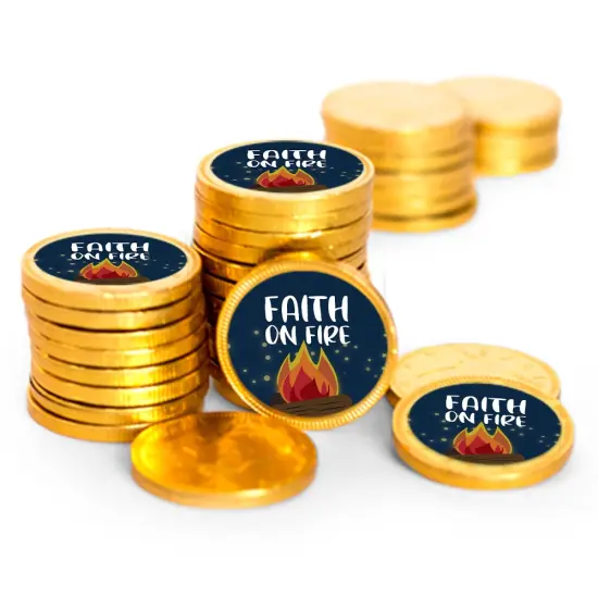 84ct Vacation Bible School Candy Religious Party Favors Chocolate Coins Faith on Fire (84 Count) - Gold Foil - By Just Candy {1}