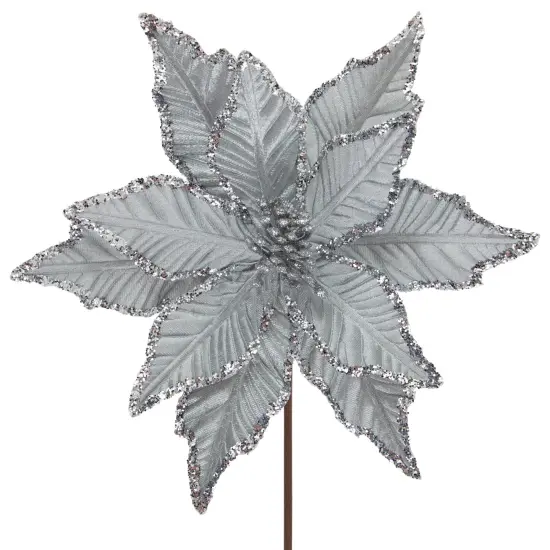 Northlight 25" Glittered Silver Poinsettia Christmas Stem Spray {4}