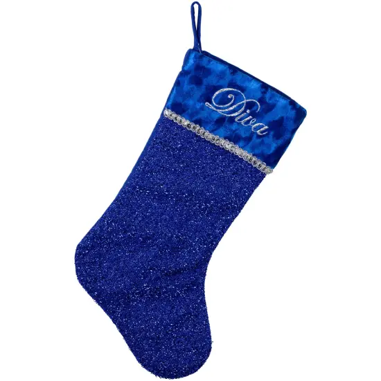 Northlight 17" Blue and Silver Embroidered "Diva" Christmas Stocking with Cuff {1}