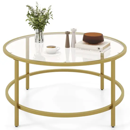 Costway 36'' Round Coffee Table Tempered Glass Tabletop Metal Frame Living Room Black/Golden {7}