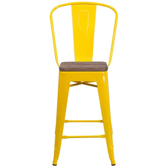 Merrick Lane Donnely Metal Dining Stool with Curved Slatted Back and Textured Wood Seat Yellow {2}