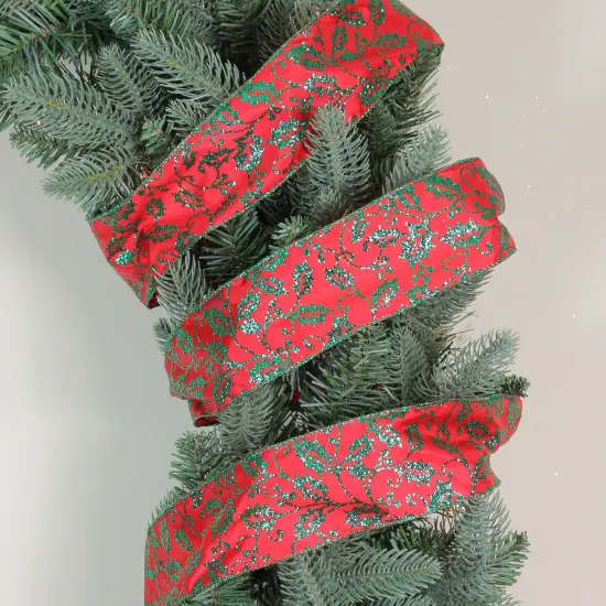 Northlight Sparkly Red and Green Holly Christmas Wired Craft Ribbon 2.5" x 16 Yards {3}