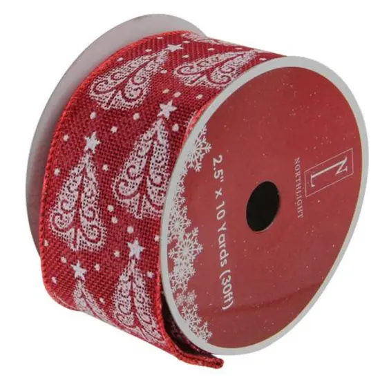 Northlight Cranberry Red and White Trees Burlap Wired Christmas Craft Ribbon 2.5" x 10 Yards {1}